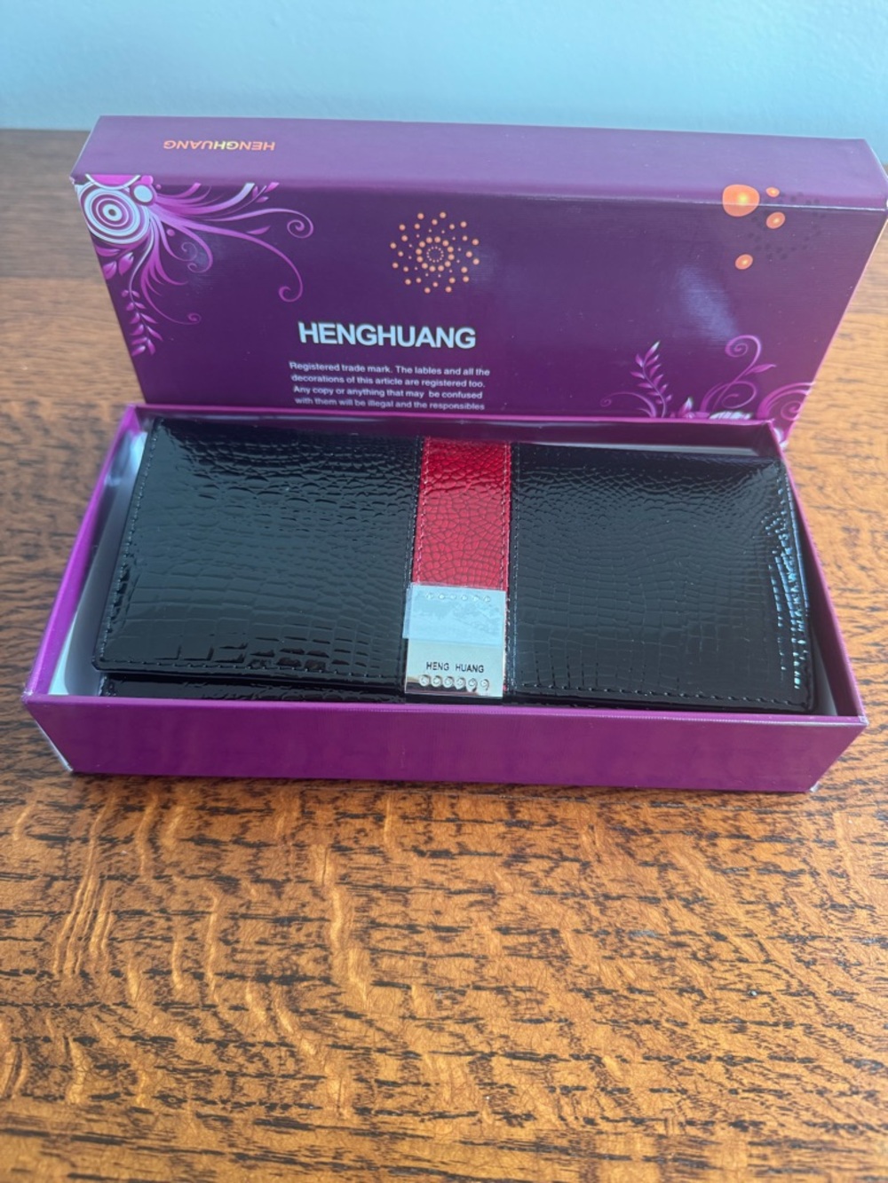 NWT - Black Croc-Texture Leather Long Wallet with Red Accent